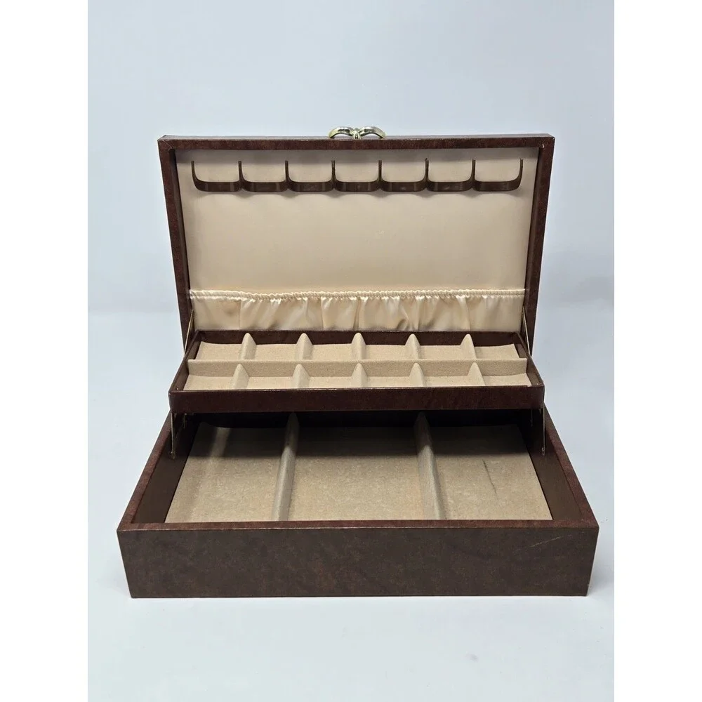 VINTAGE MELE TWO TIER BROWN FAUX LEATHER JEWELERY BOX GOLD FILIGREE CREAM VELVET